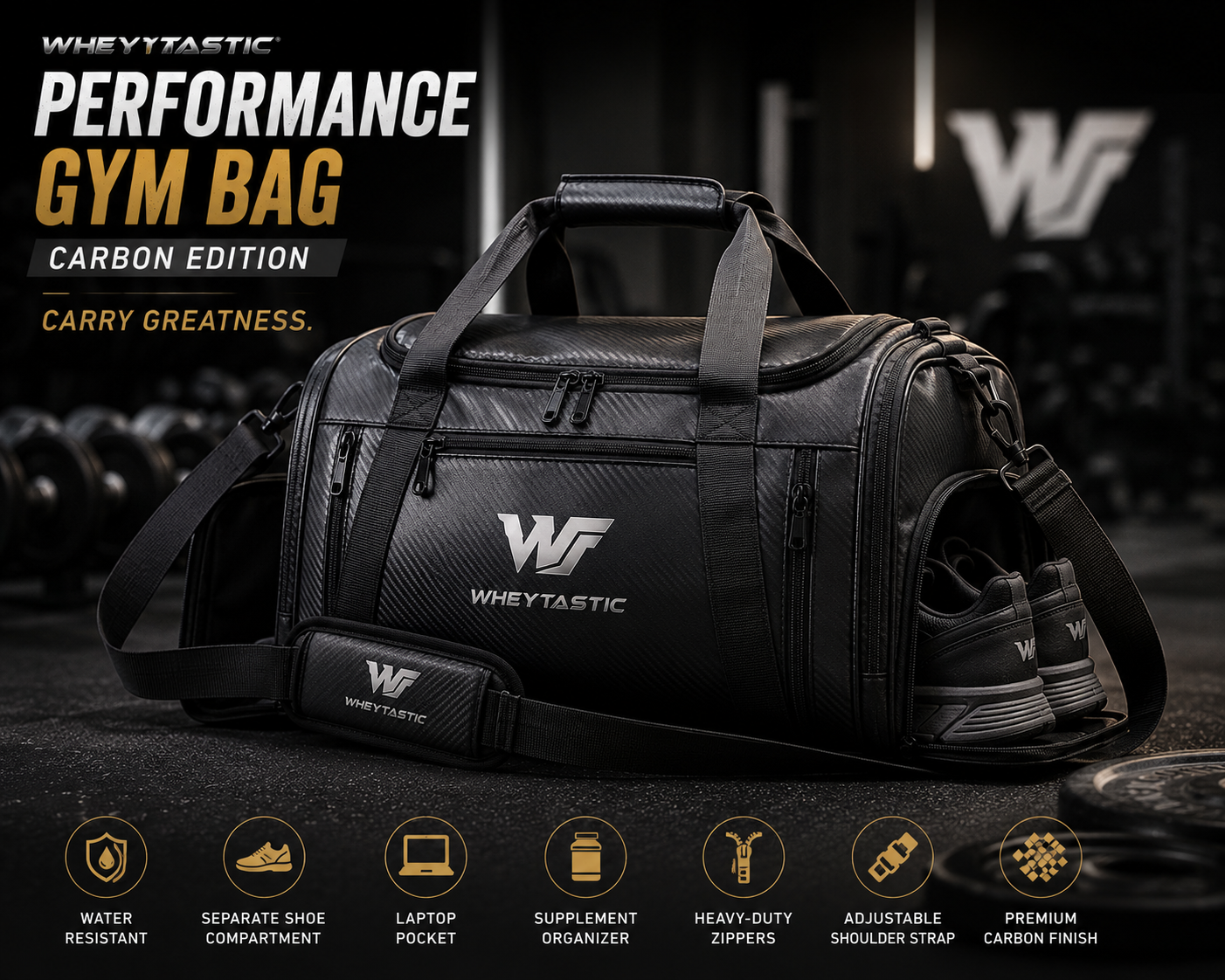 Wheytastic Performance Gym Bag – Carbon Edition